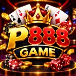 P888 Game online casino gaming logo with cards, chips, dice and gold crown